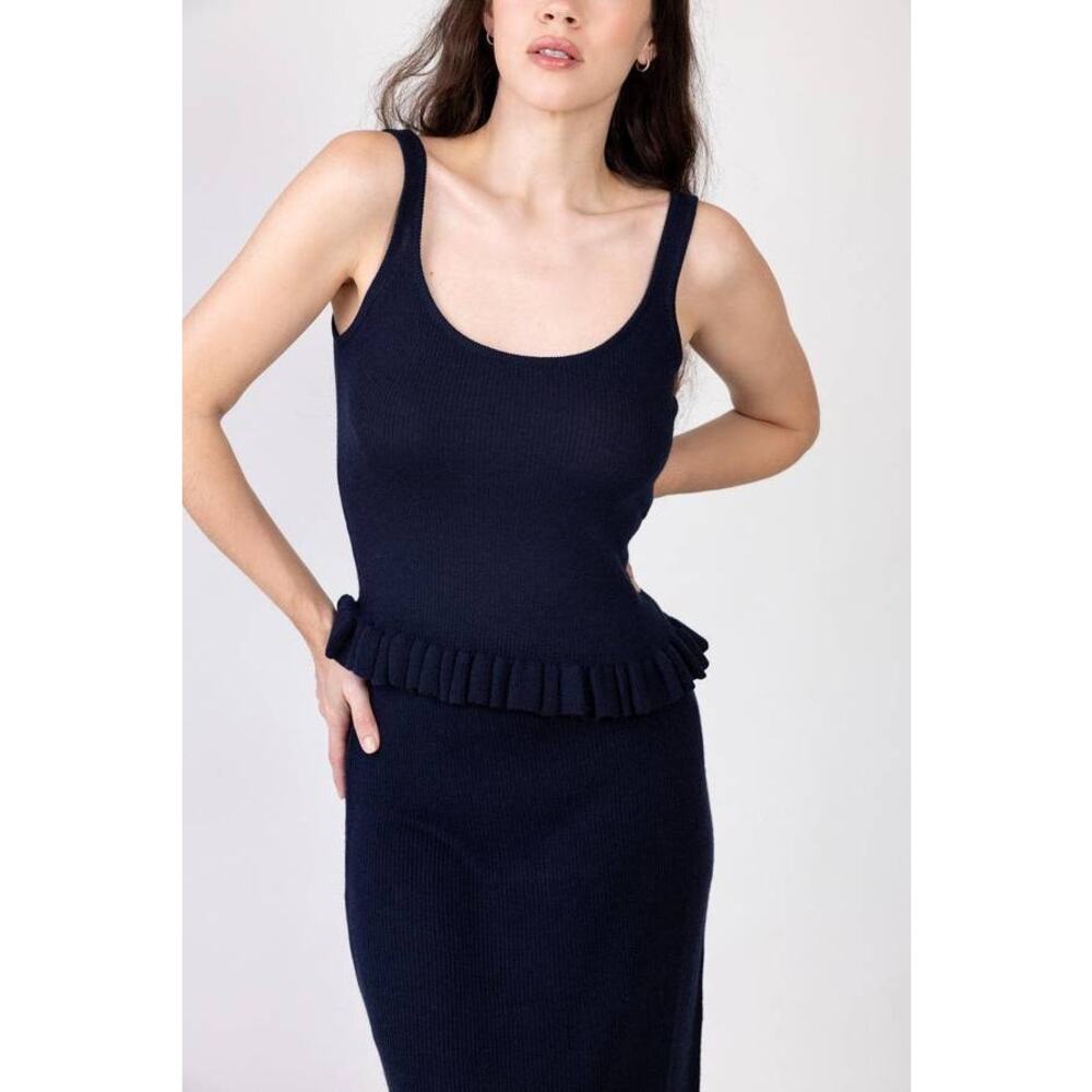 Brandon Maxwell Phoebe Ruffle Hem Knit Tank Top in Navy M